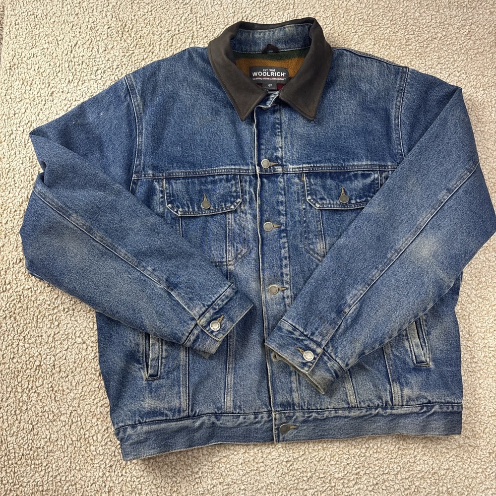 Vtg Woolrich Jacket Men's L Blue Denim Fleece Blanket Lined Leather Collar